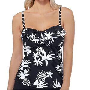 ISLAND ESCAPE WOMEN'S SWIMWEAR BLACK FLORAL STRIPE TANKINI SWIMSUIT TOP